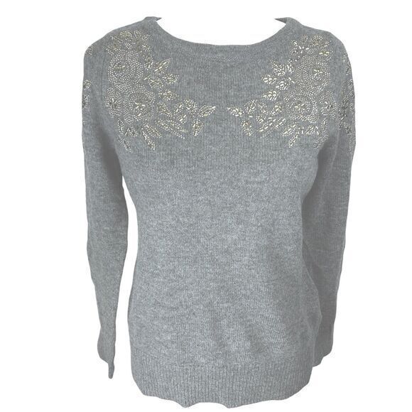 WoolOvers Lambswool Crewneck‎ Sweater Gray Embellished Pullover Women's Size XS - Picture 1 of 10